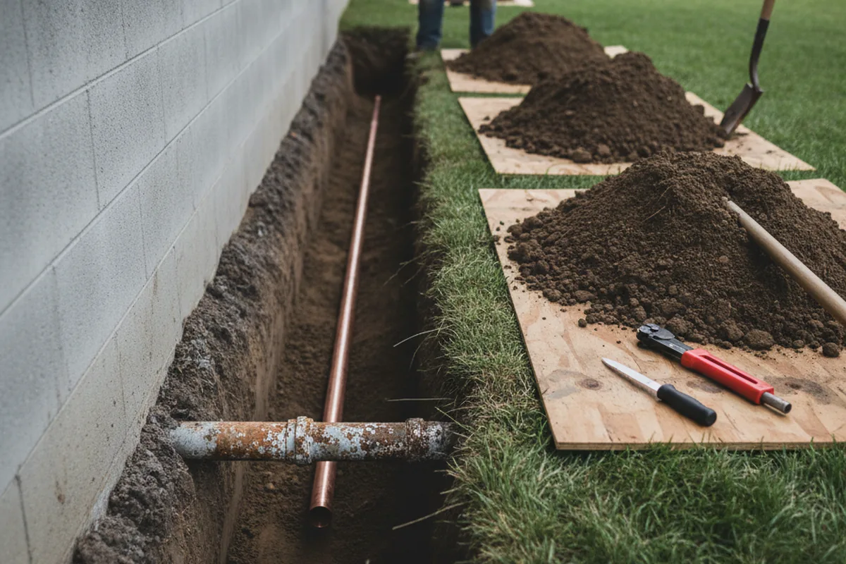 Excavated water line trench during Sewer Line Repair in South Weymouth